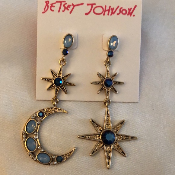 Betsey Johnson Gold Tone Celestial Star & Moon Mismatch Drop Earrings Blue NWT - Picture 6 of 10